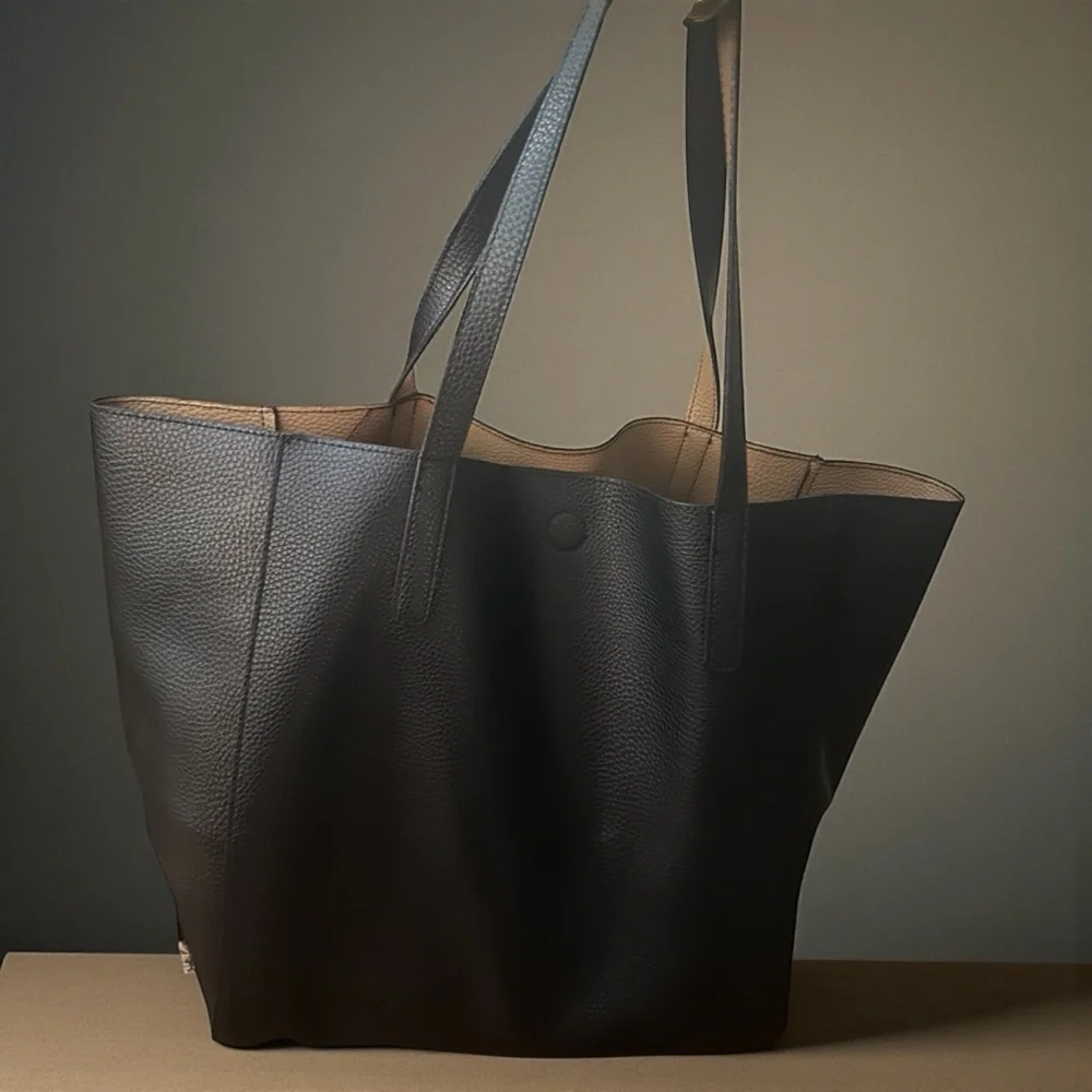 Everyday Black Leather Tote with Contrast Interior